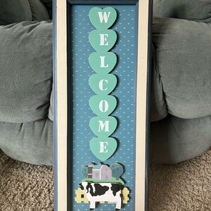 Welcome Heart & Farm Cow Wall Sign - Teal
